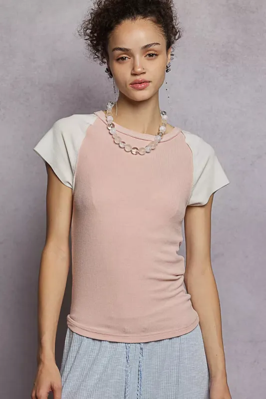 POL Round Neck Outseam Detail T-Shirt with Contrast Color Sleeves sold by Charming Charlie