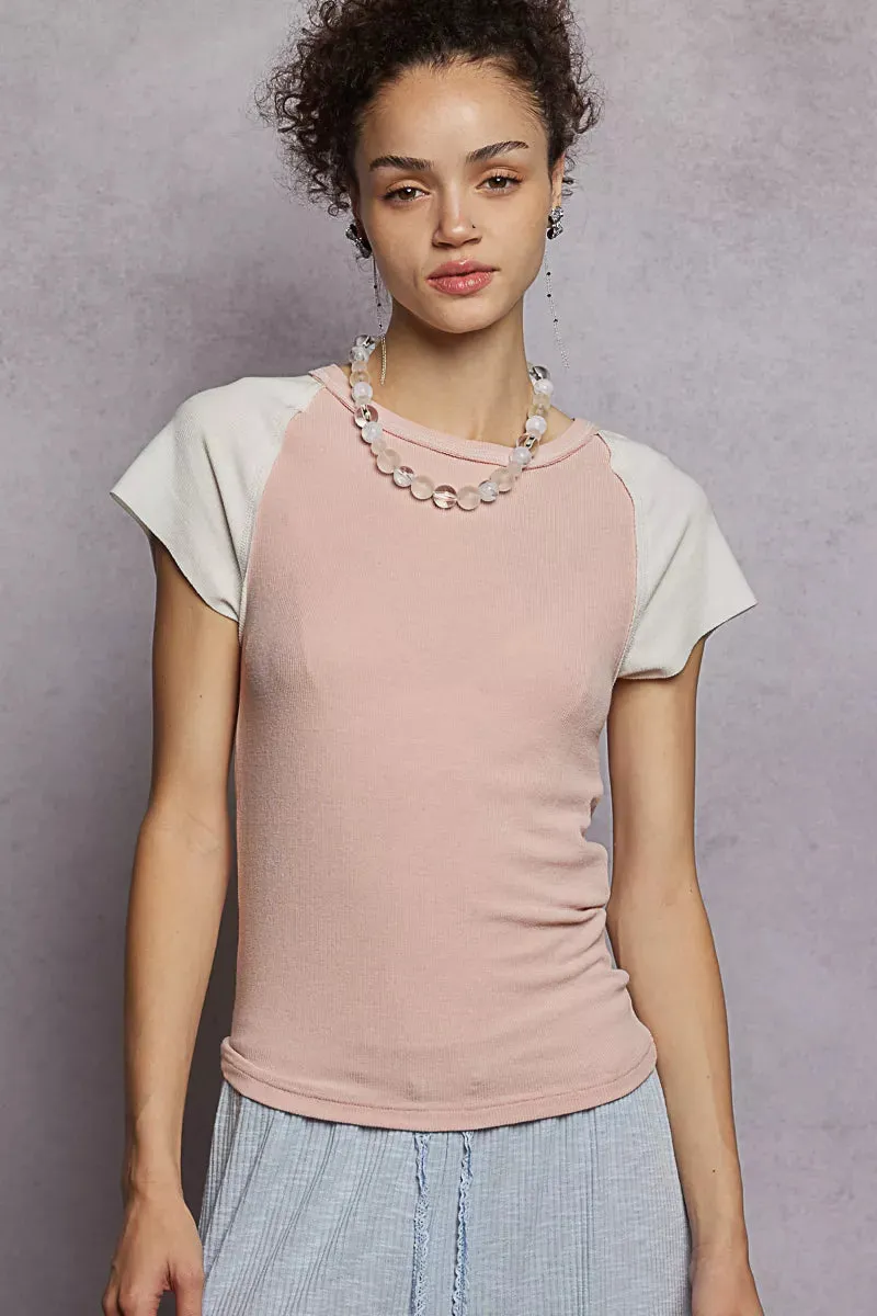 POL Round Neck Outseam Detail T-Shirt with Contrast Color Sleeves sold by Charming Charlie