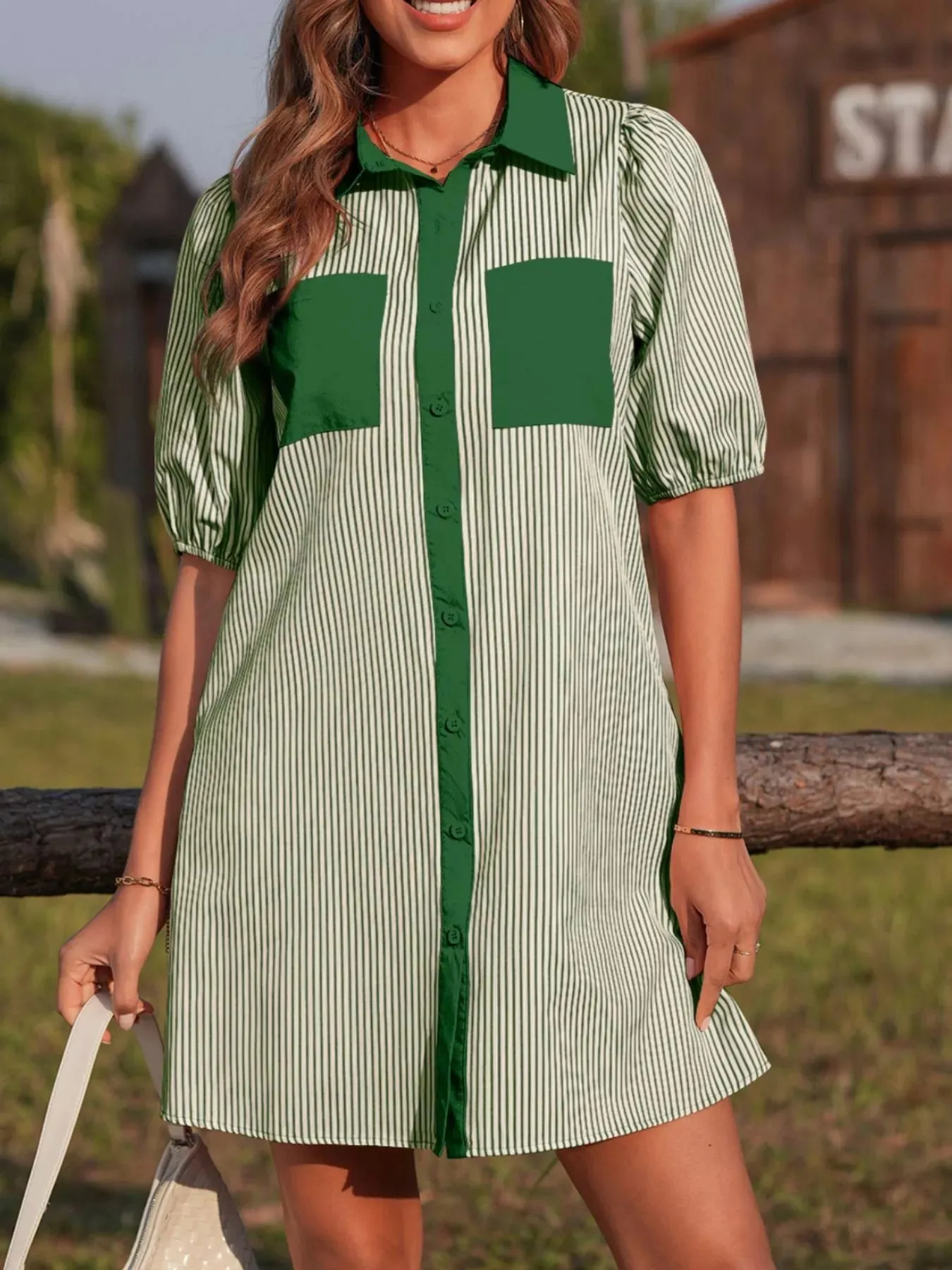 Stripe Color Block Patchwork Shirt Collar Button Down Puff Sleeve Mini Dress sold by Charming Charlie