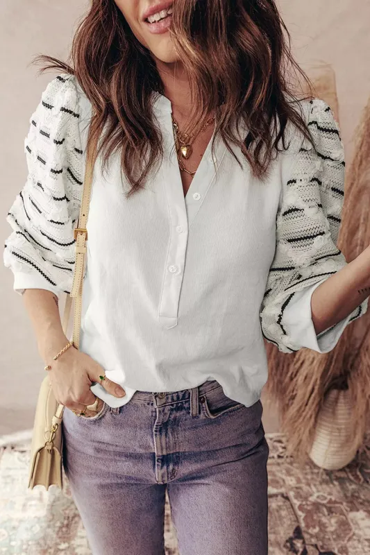 Button Placket 3/4 Striped Sleeve Patchwork Rib Knit Top sold by Charming Charlie