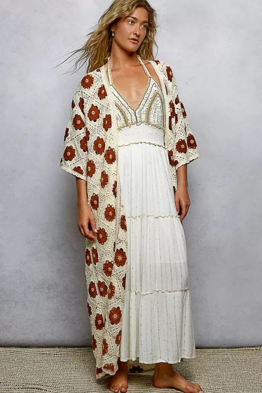 POL Open Front Floral Crochet Longline Cardigan made by Trendsi