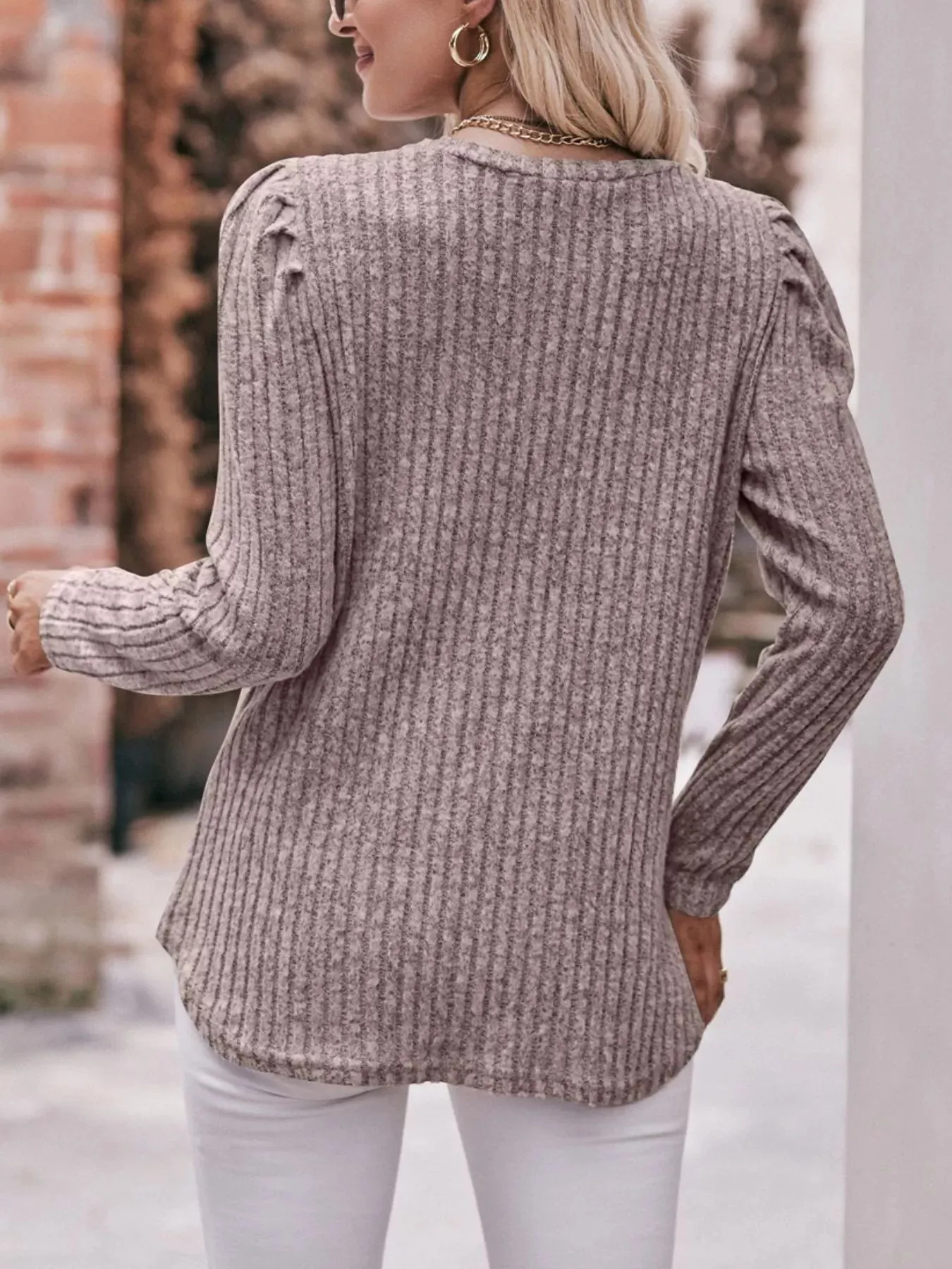 Ribbed Knit Puff Sleeve T-Shirt sold by Charming Charlie product image thumbnail 4