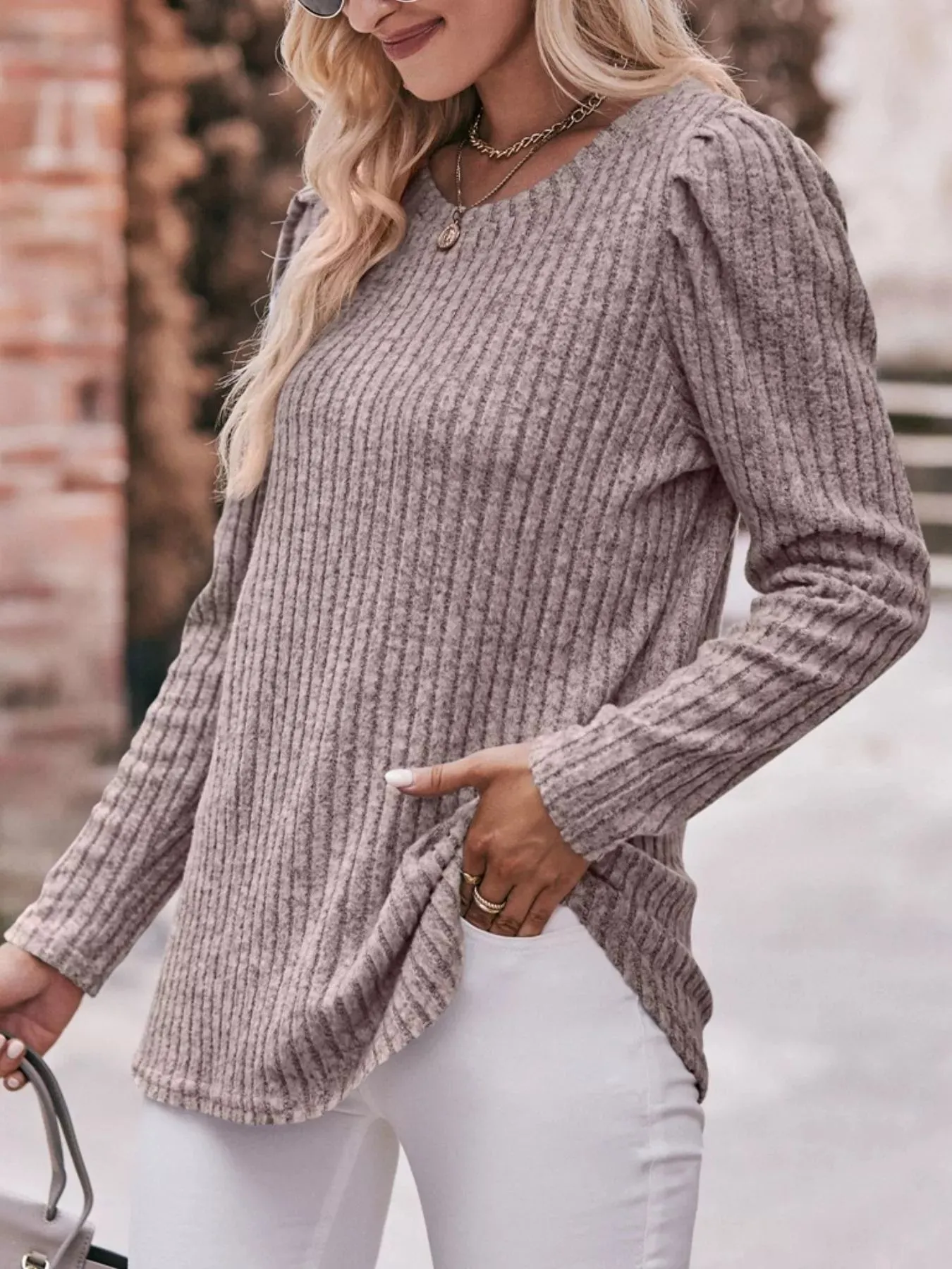 Ribbed Knit Puff Sleeve T-Shirt sold by Charming Charlie product image thumbnail 2