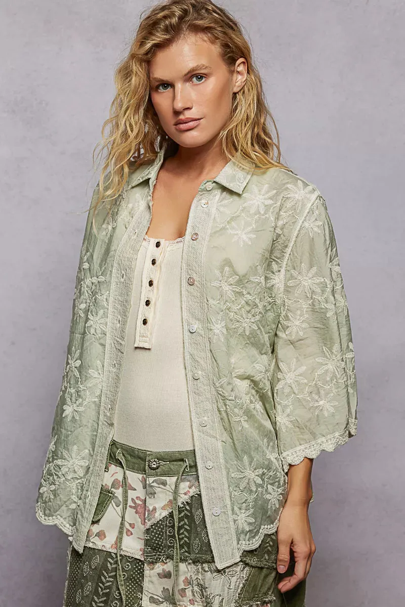 POL Embroidered Floral Collared Neck Shirt with Scalloped Edges sold by Charming Charlie