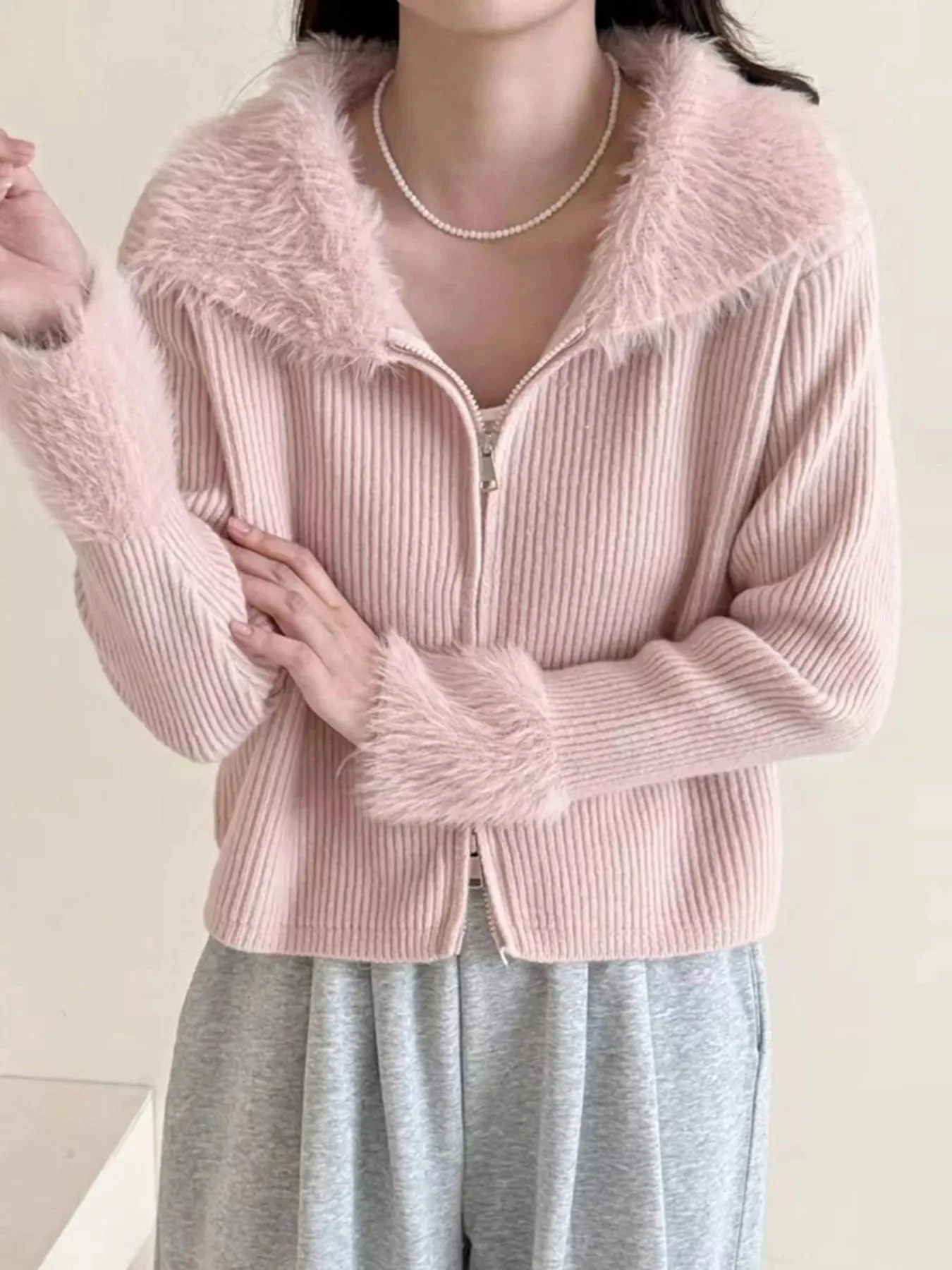 Fluffy Trim Zip-Up Cardigan sold by Charming Charlie product image thumbnail 2