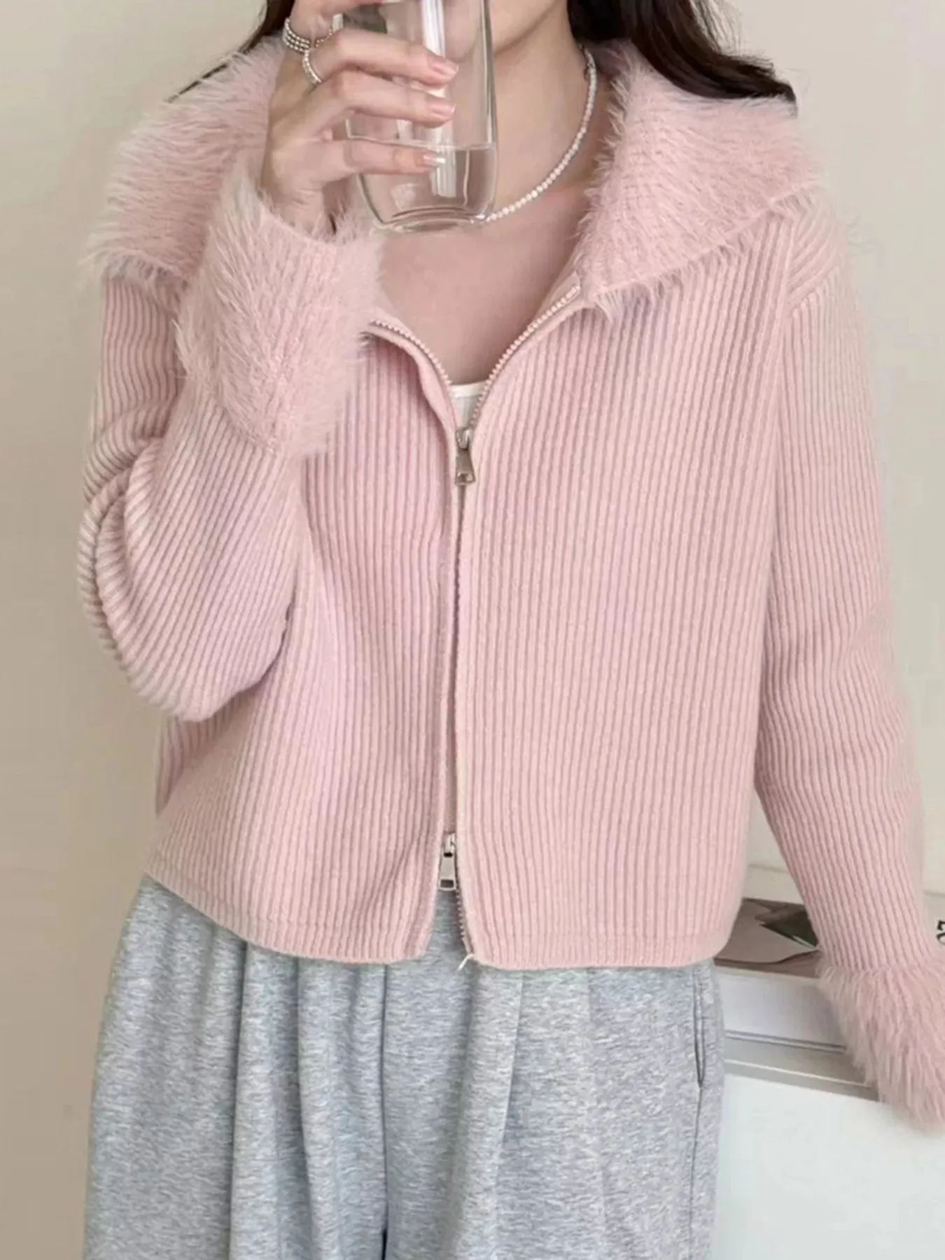 Fluffy Trim Zip-Up Cardigan sold by Charming Charlie product image thumbnail 4