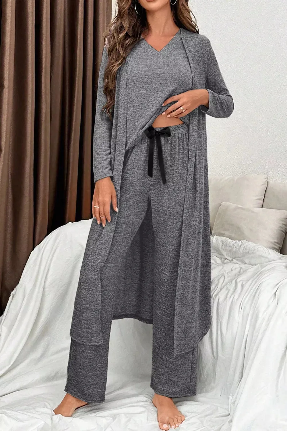 3pcs V Neck T Shirt and Ribbon Knot Pants Lounge Set with Open Duster sold by Charming Charlie