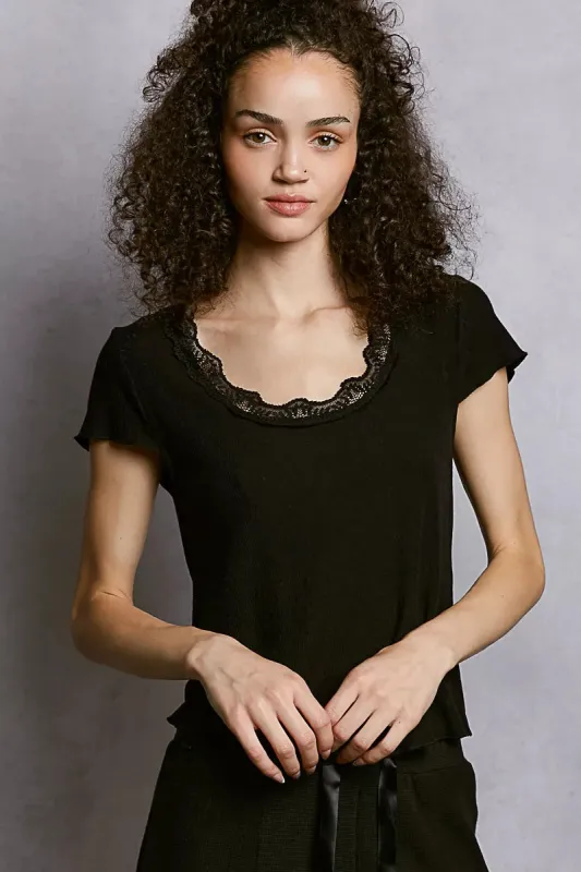 POL Round Neck Short Sleeve Crop T-Shirt with Lace Trim sold by Charming Charlie