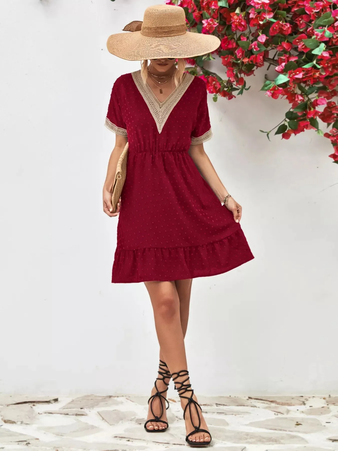 V-Neck Swiss Dot Ruffle Hem Mini Dress sold by Charming Charlie product image thumbnail 5