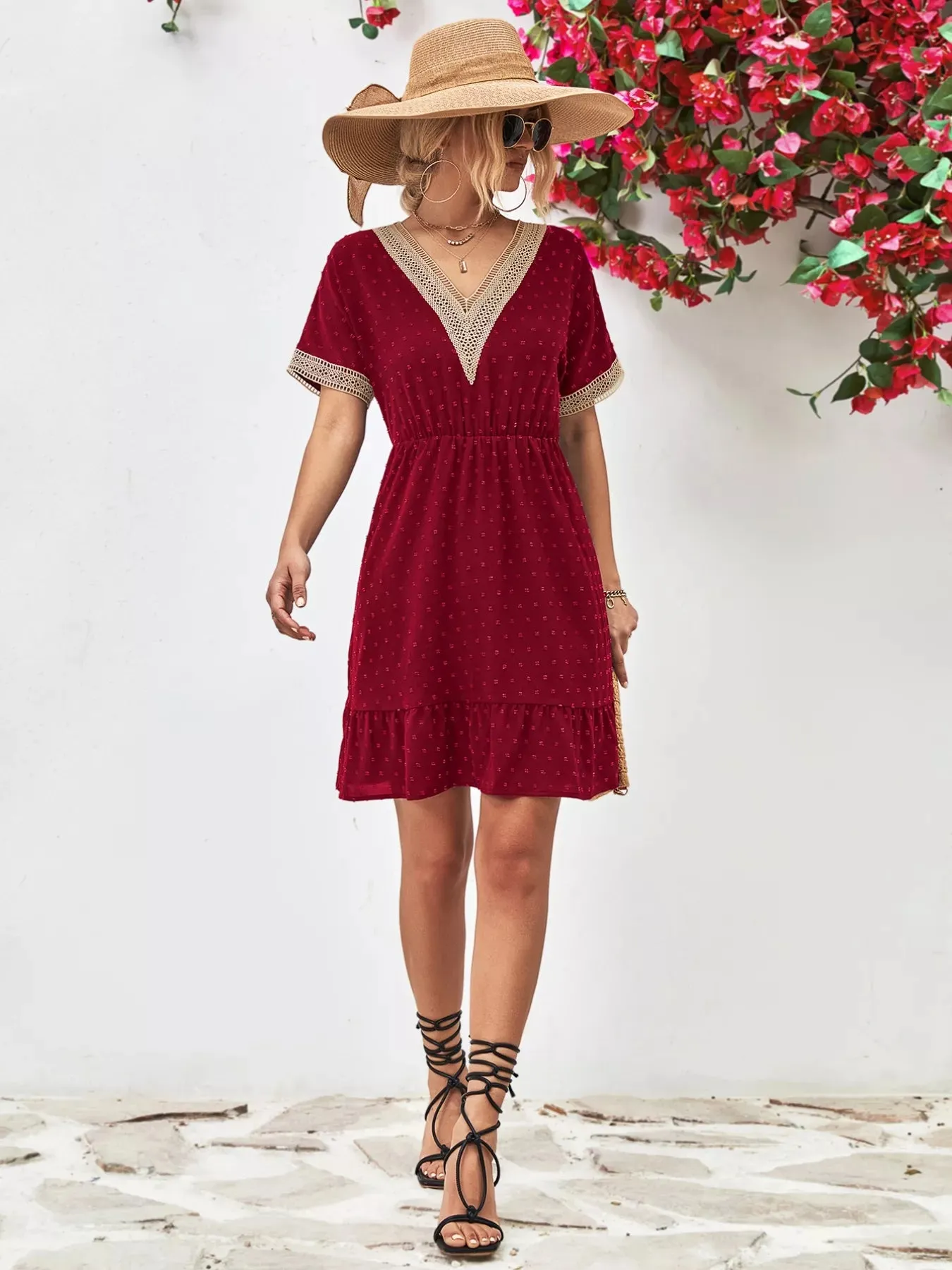 V-Neck Swiss Dot Ruffle Hem Mini Dress sold by Charming Charlie product image thumbnail 4