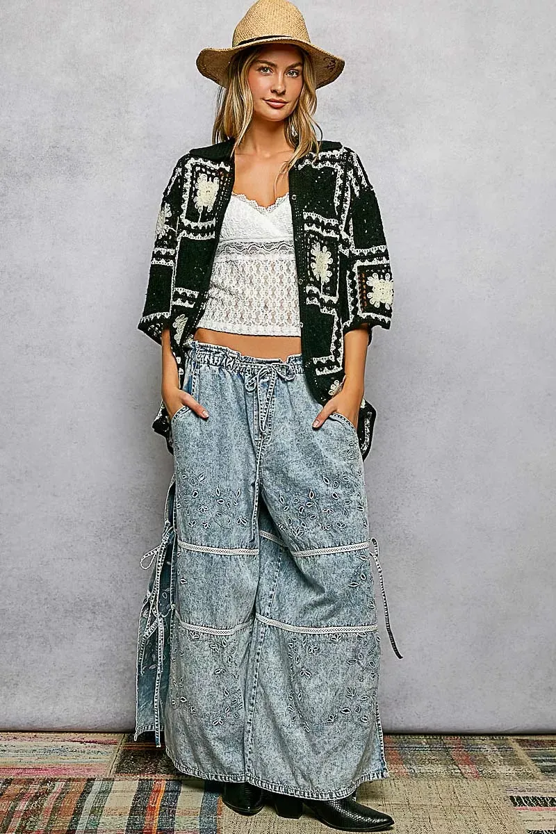 POL Button Down Openwork Floral Crochet Shirt with Granny Square Pattern sold by Charming Charlie product image thumbnail 5