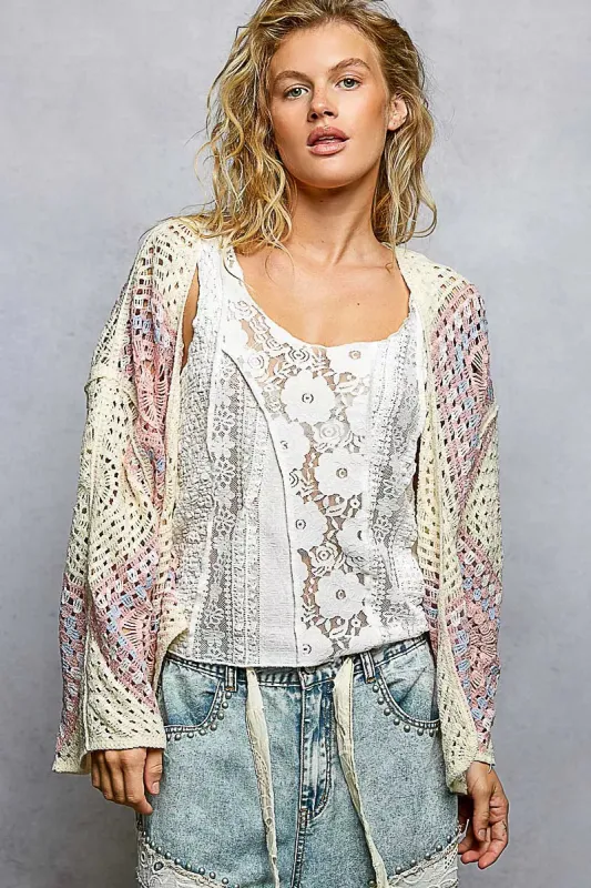 POL Open Front Crochet Cardigan with Granny Square Pattern made by Trendsi
