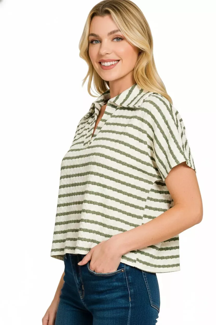 Zenana Striped Split Neck Collared Top sold by Charming Charlie product image thumbnail 3