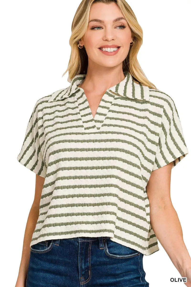 Zenana Striped Split Neck Collared Top sold by Charming Charlie