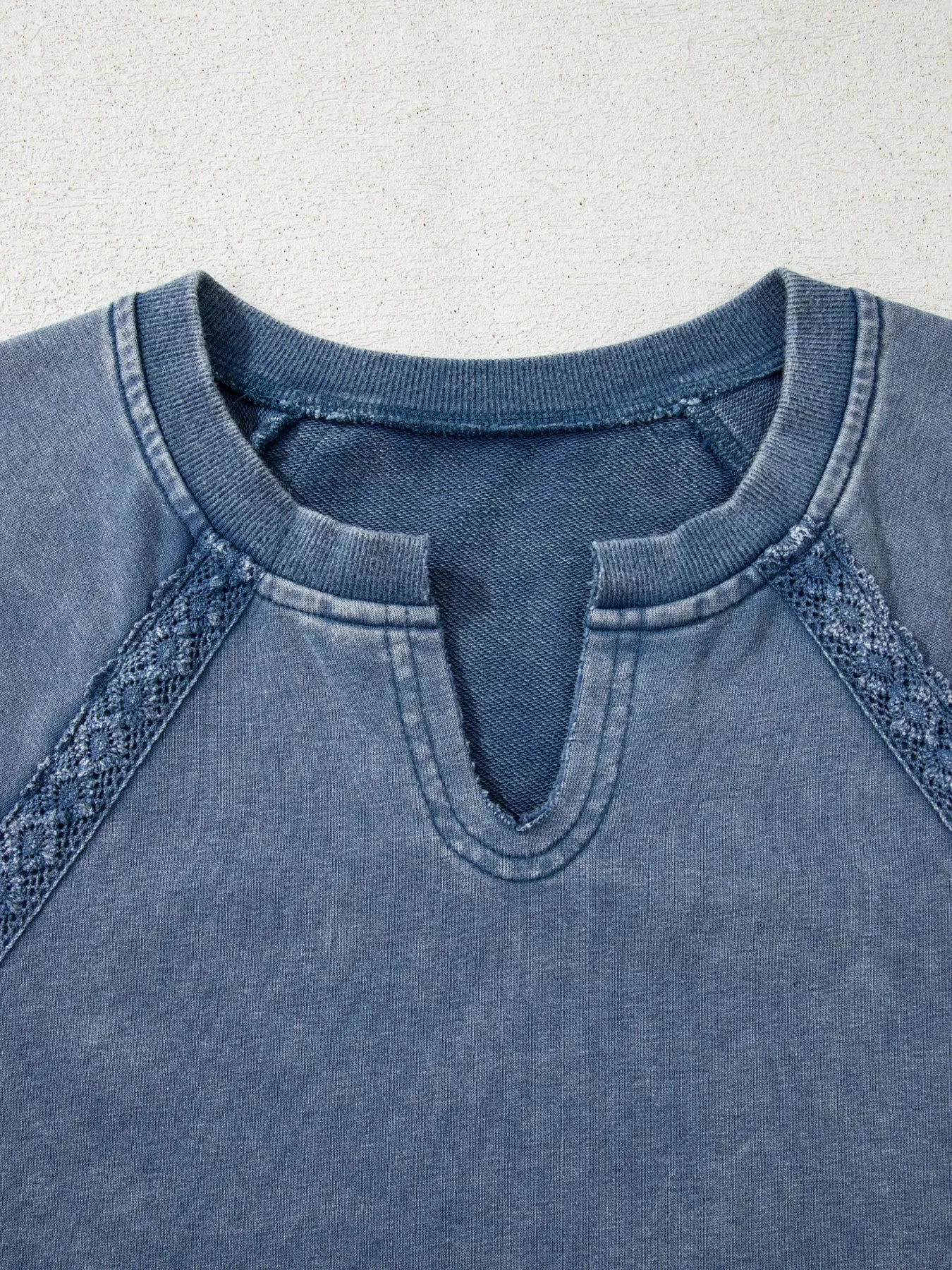Lace Patchwork Detail Notched Neck Mineral Wash Baggy Sweatshirt sold by Charming Charlie product image thumbnail 5