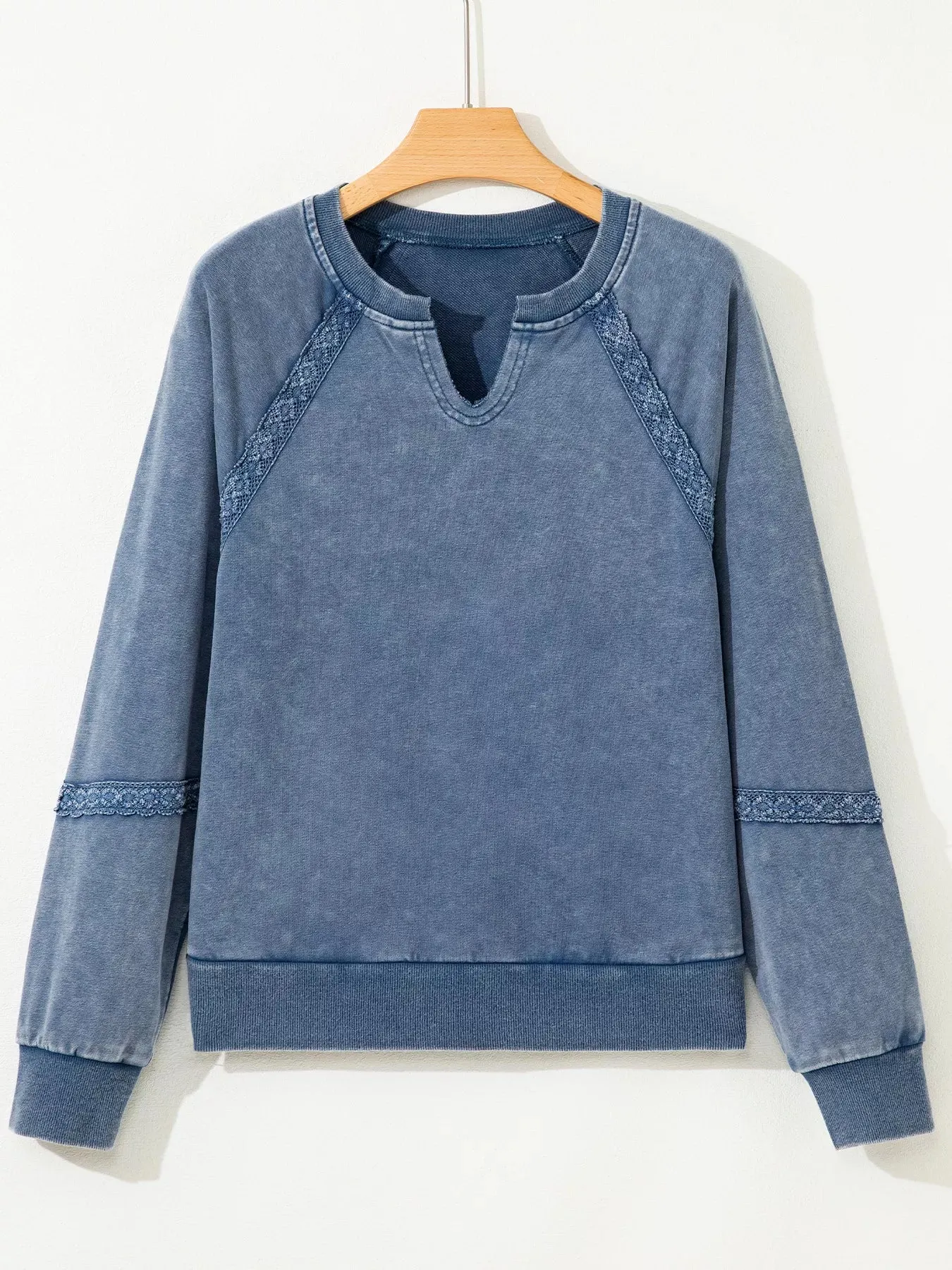 Lace Patchwork Detail Notched Neck Mineral Wash Baggy Sweatshirt sold by Charming Charlie product image thumbnail 3