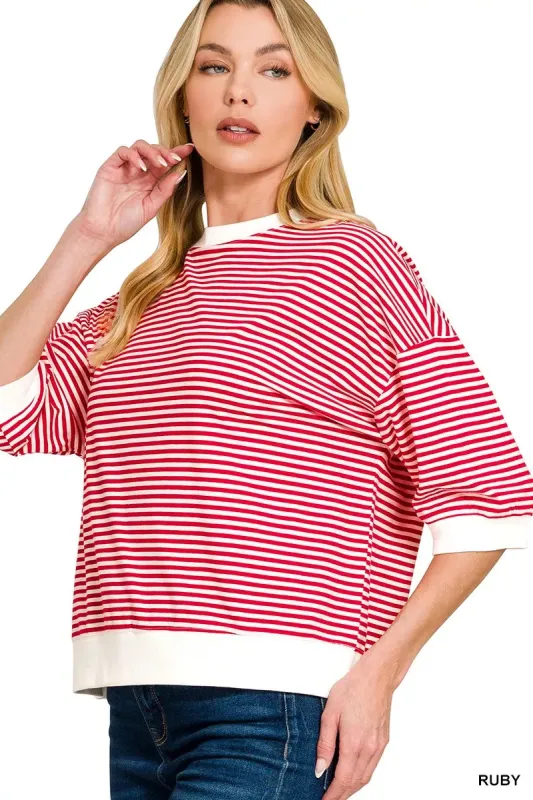 Zenana Striped Contrast Trim Banded Bottom Top sold by Charming Charlie