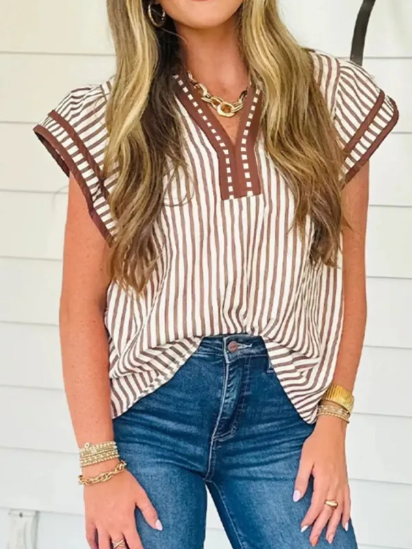 Striped Notched Ruffled Sleeve Blouse sold by Charming Charlie