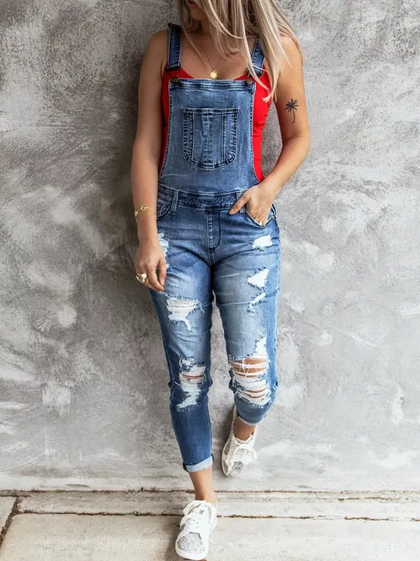 Wide Strap Distressed Denim Overalls sold by Charming Charlie