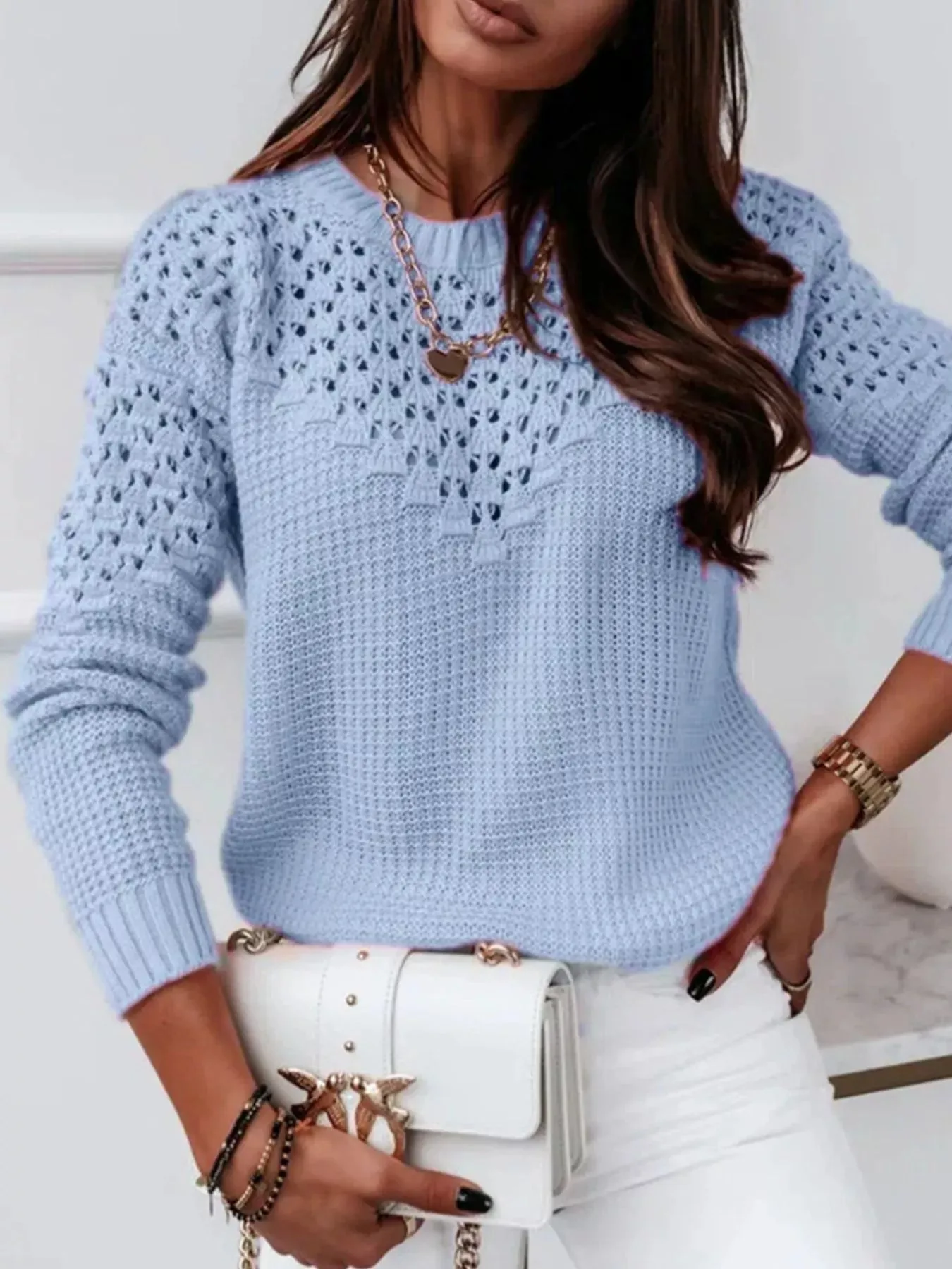 Textured Openwork Round Neck Sweater sold by Charming Charlie product image thumbnail 4