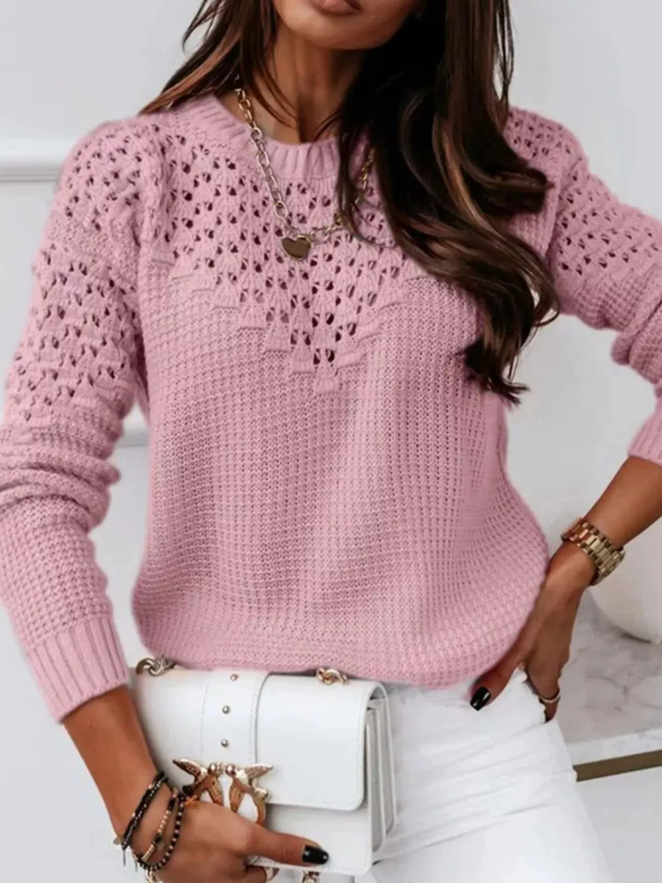 Textured Openwork Round Neck Sweater sold by Charming Charlie product image thumbnail 3