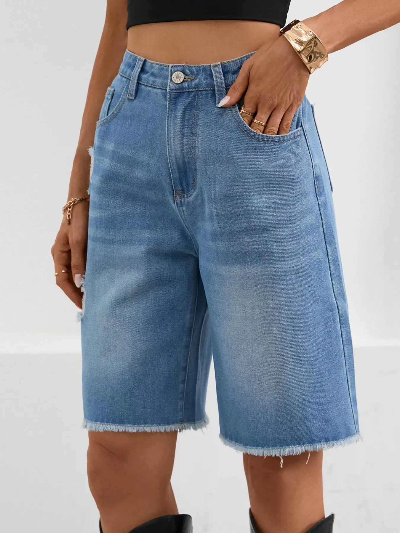Ripped Frayed Hem Denim Shorts sold by Charming Charlie product image thumbnail 3