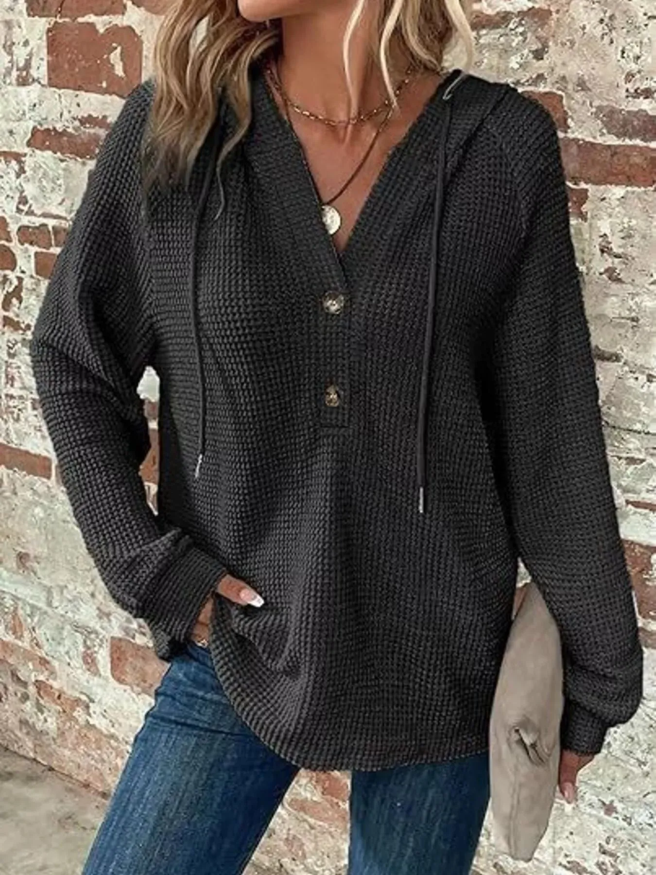Full Size Button Detail Waffle Knit Hoodie Plus Size sold by Charming Charlie product image thumbnail 4