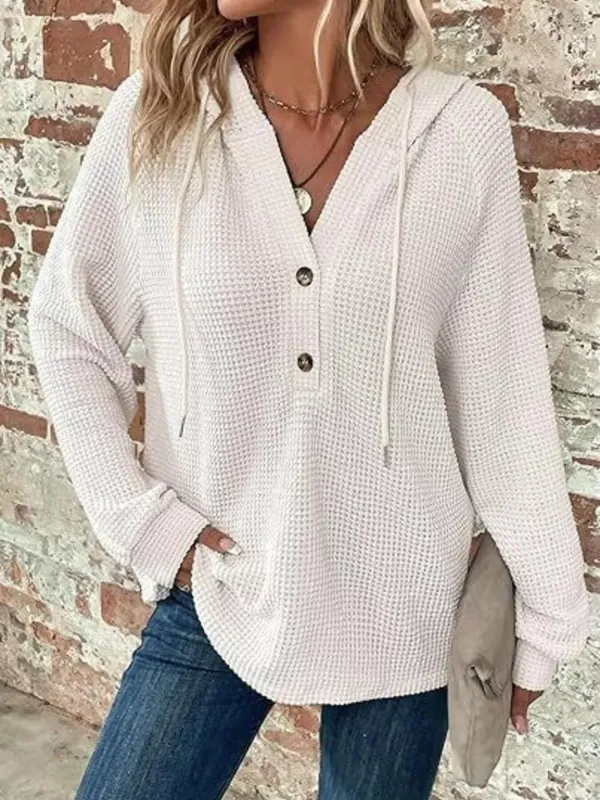 Full Size Button Detail Waffle Knit Hoodie Plus Size sold by Charming Charlie