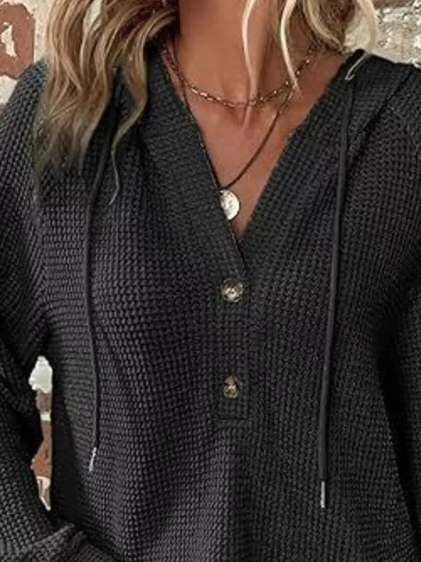 Full Size Button Detail Waffle Knit Hoodie Plus Size sold by Charming Charlie product image thumbnail 5