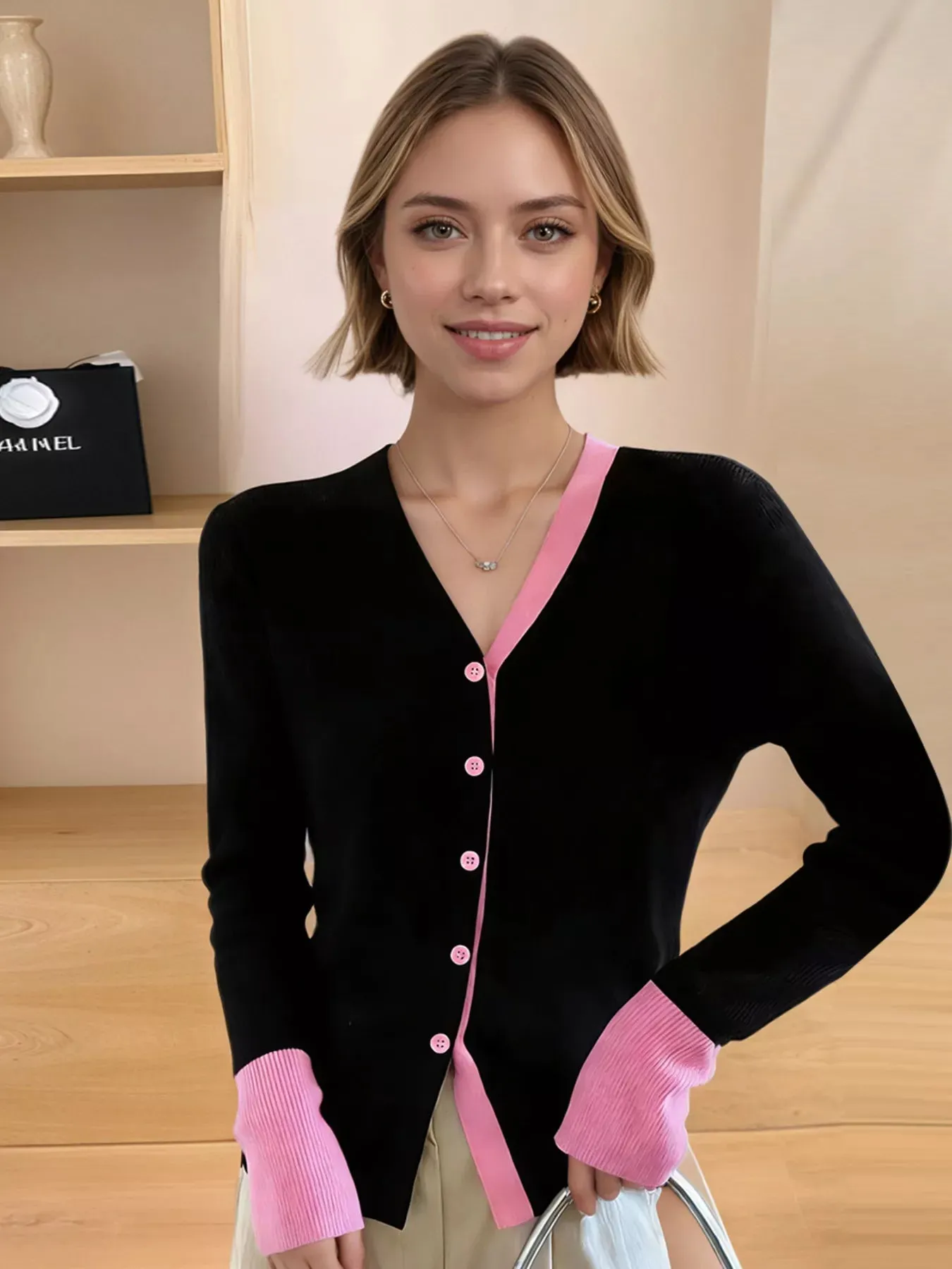 Contrast Trim Ribbed Knit Cardigan sold by Charming Charlie product image thumbnail 3