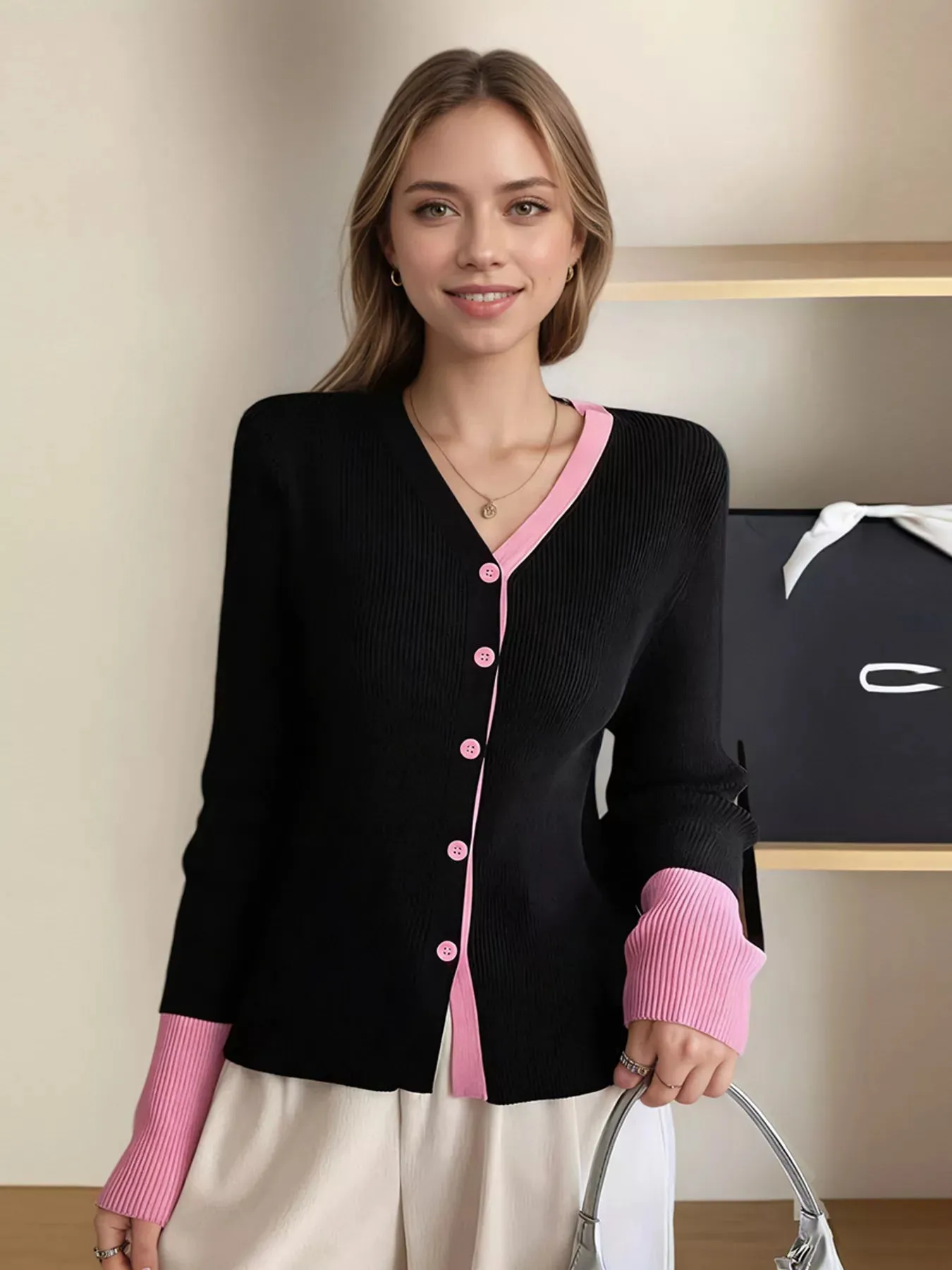 Contrast Trim Ribbed Knit Cardigan sold by Charming Charlie product image thumbnail 4