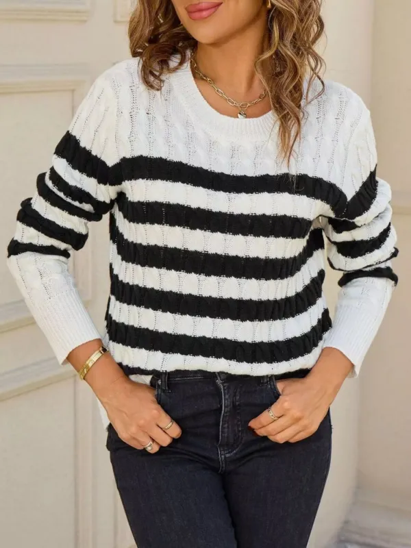 Striped Cable Knit Round Neck Sweater sold by Charming Charlie