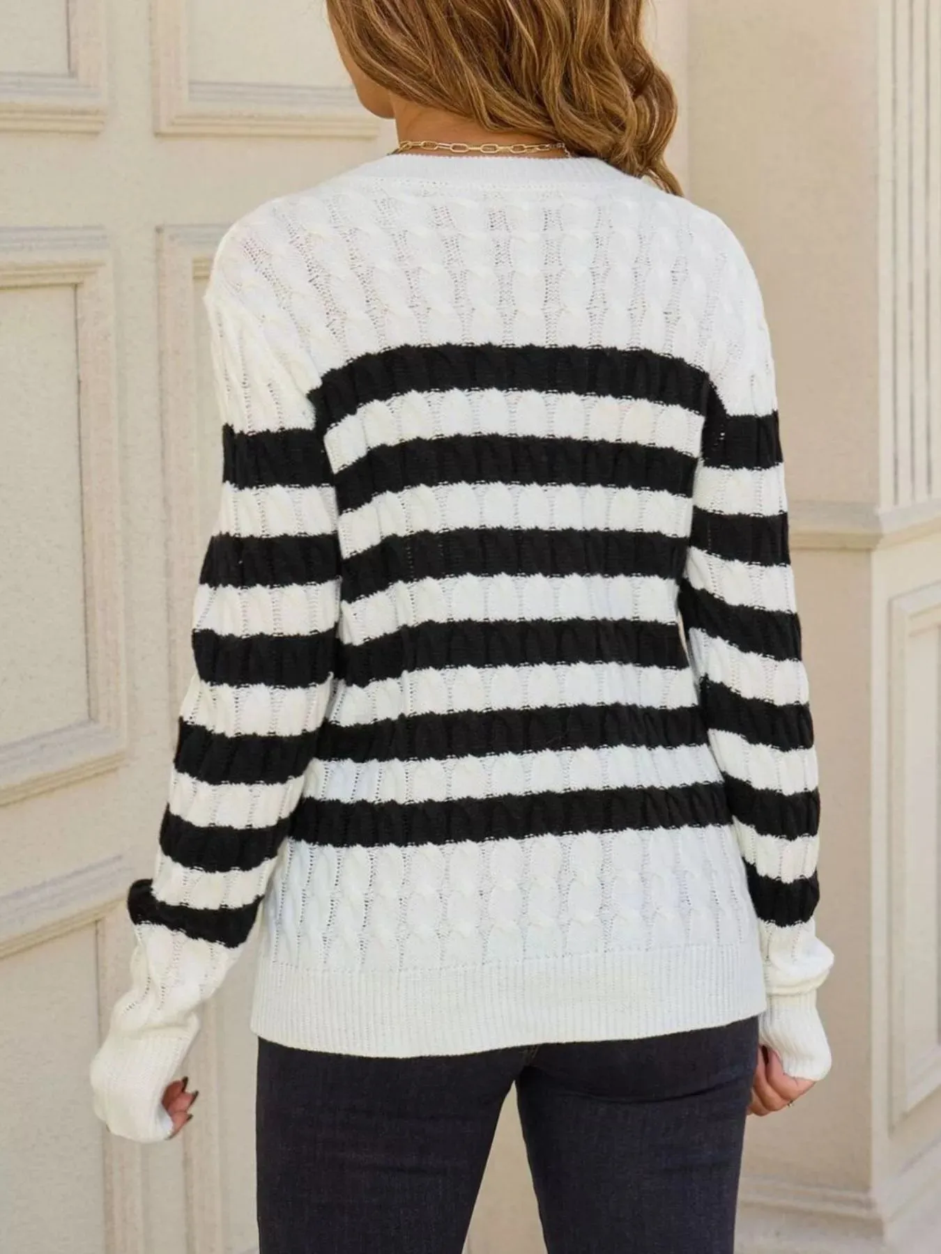 Striped Cable Knit Round Neck Sweater sold by Charming Charlie product image thumbnail 5
