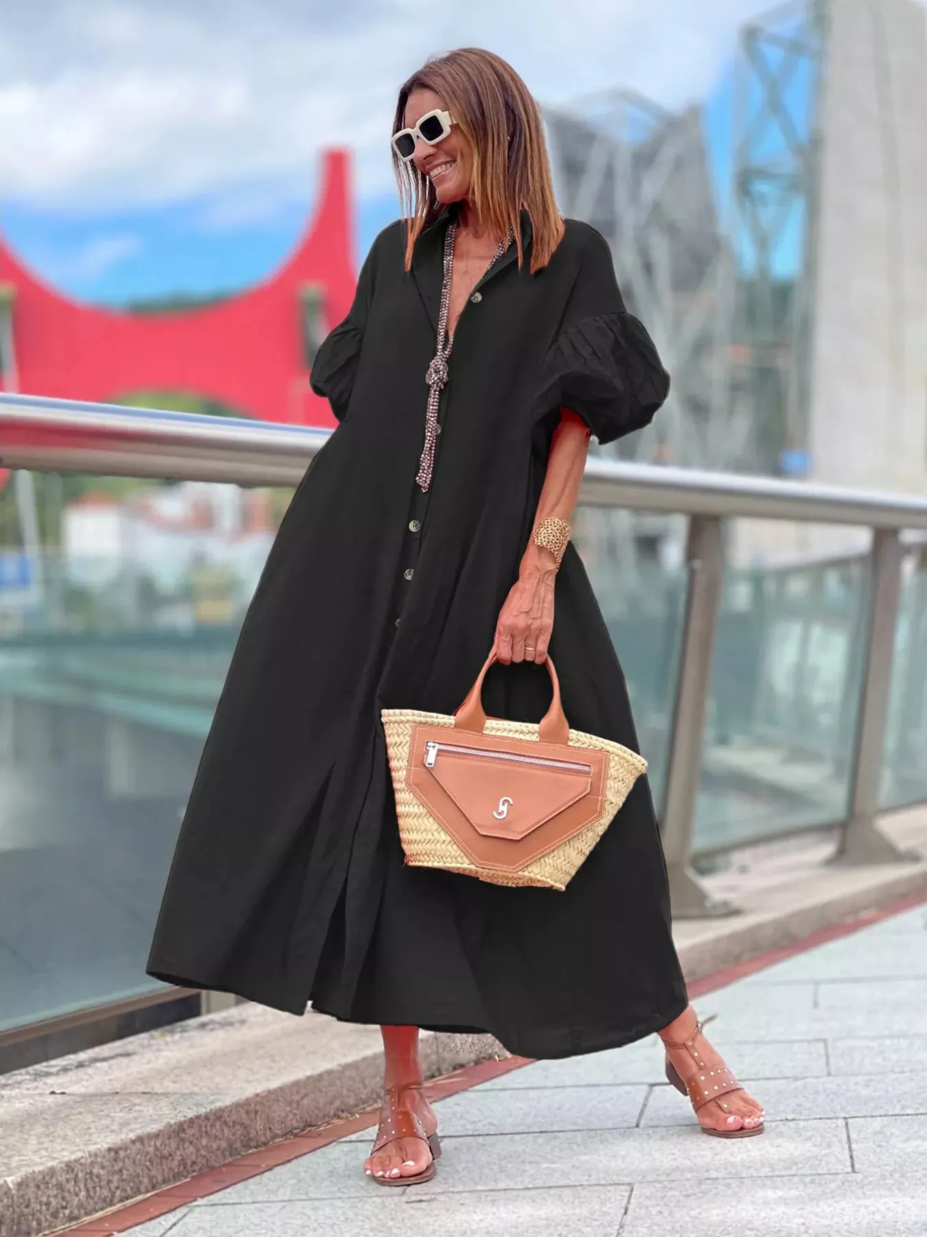 Plus Size Button Front Puff Sleeve Shirt Dress sold by Charming Charlie product image thumbnail 4