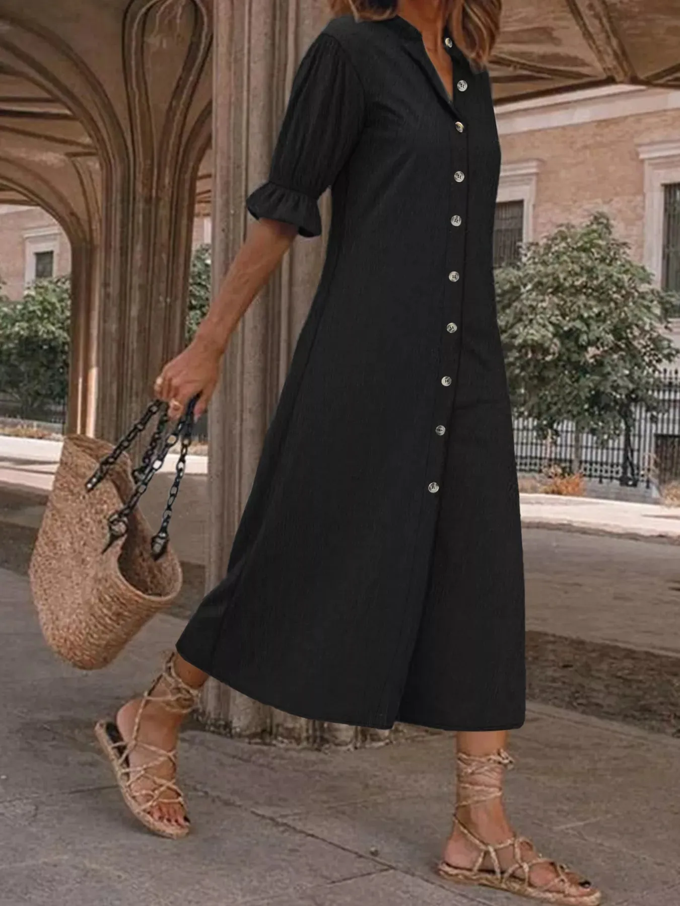 Plus Size Button Front Puff Sleeve Shirt Dress sold by Charming Charlie product image thumbnail 3