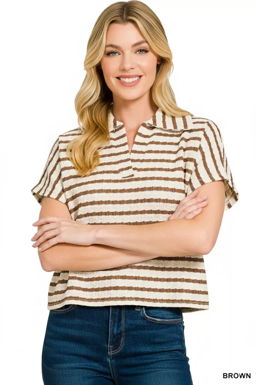 Zenana Striped Split Neck Collared Top sold by Charming Charlie product image thumbnail 2
