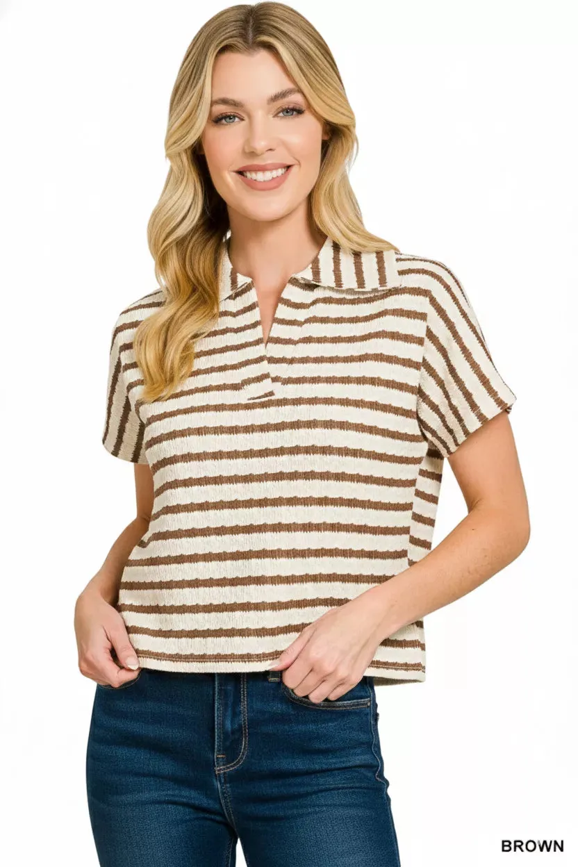 Zenana Striped Split Neck Collared Top sold by Charming Charlie product image thumbnail 3