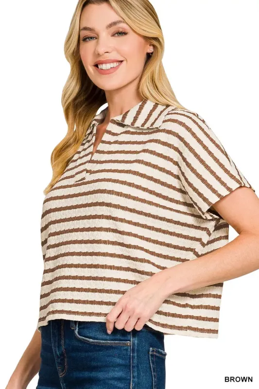 Zenana Striped Split Neck Collared Top sold by Charming Charlie