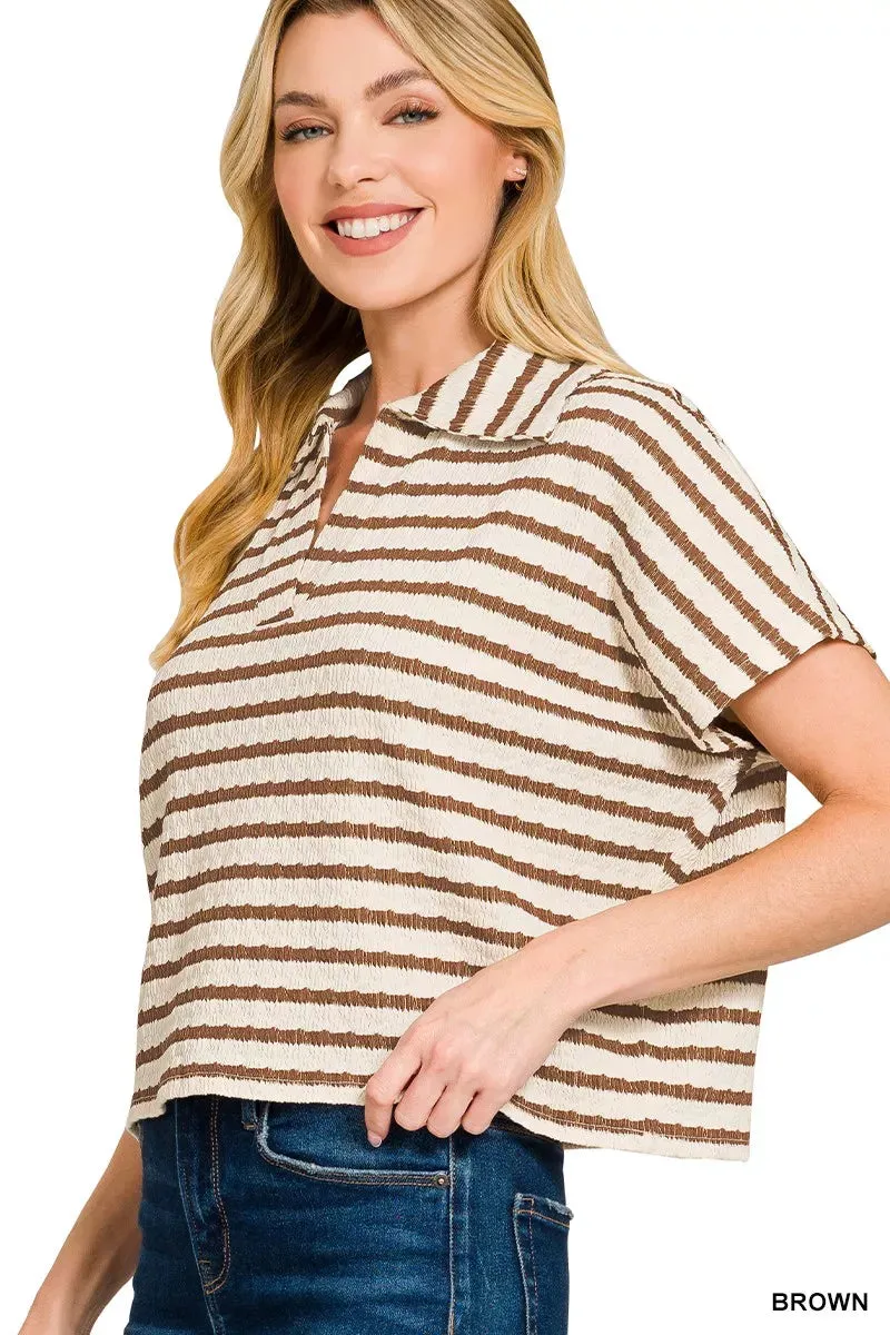 Zenana Striped Split Neck Collared Top sold by Charming Charlie