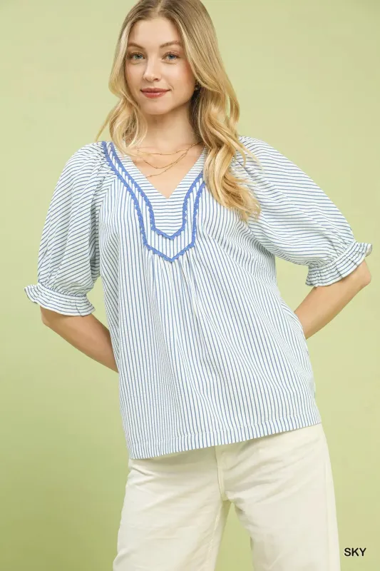 Umgee Stripe V-Neck Blouse made by Trendsi