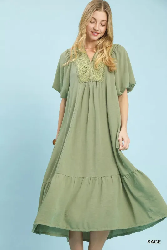 Umgee Puff Sleeve Midi Dress with Lace Detail sold by Charming Charlie