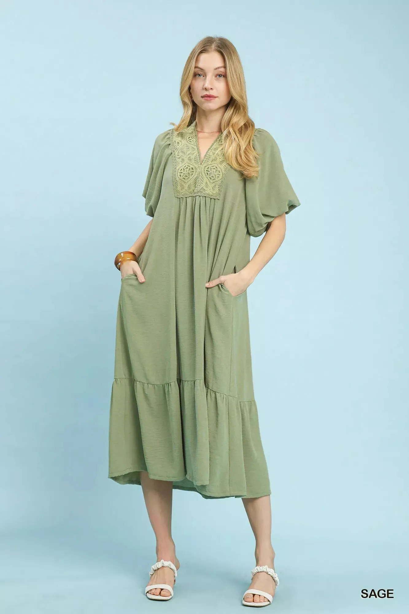 Umgee Puff Sleeve Midi Dress with Lace Detail sold by Charming Charlie product image thumbnail 2
