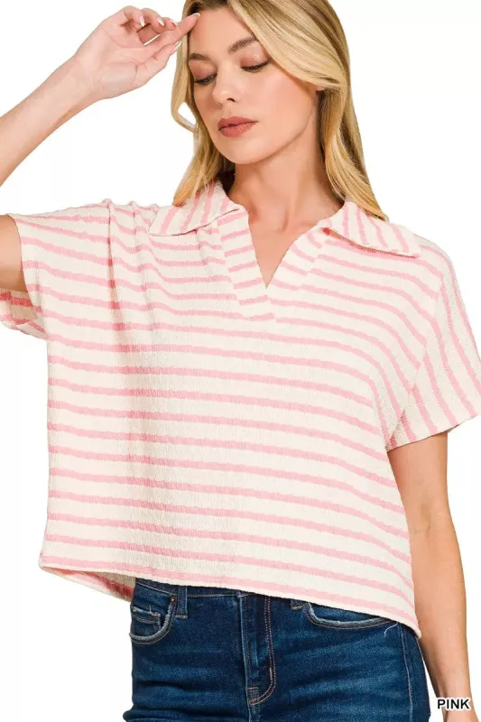 Zenana Striped Split Neck Collared Top sold by Charming Charlie
