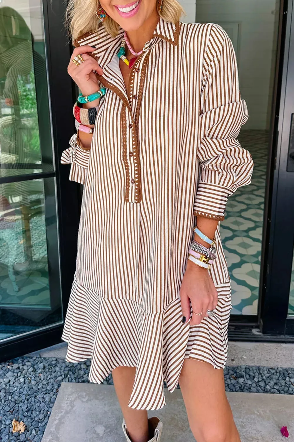 Striped Ruffle Hem Shirt Dress sold by Charming Charlie