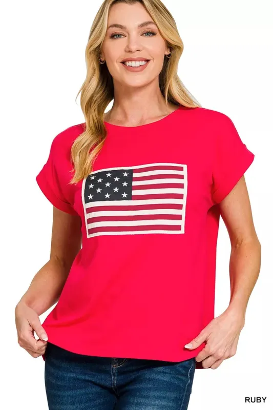 Zenana Full Size US Flag Round Neck Short Sleeve T-Shirt Plus Size sold by Charming Charlie
