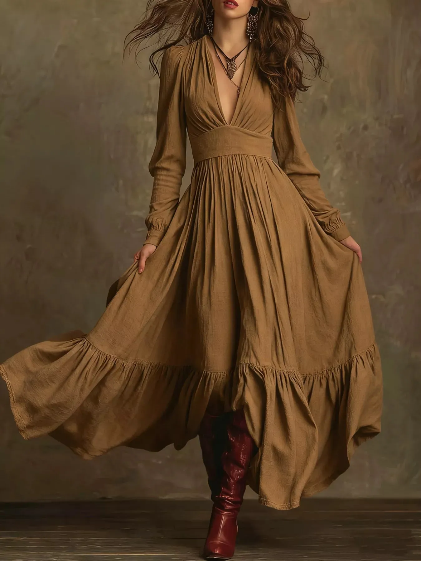 V-Neck Long Sleeve Ruffle Hem Dress sold by Charming Charlie