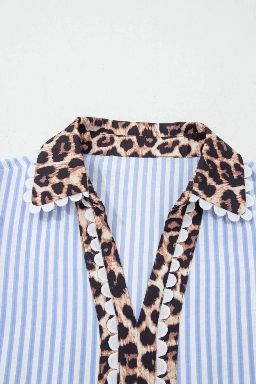 Stripe Ricrac Trim Short Puff Sleeve Leopard Patchwork Collar V Neck Blouse sold by Charming Charlie product image thumbnail 5
