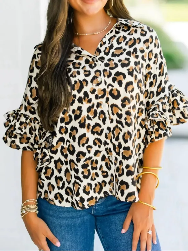 Leopard Print Ruffle Trim 3/4 Sleeve Loose Shirt sold by Charming Charlie
