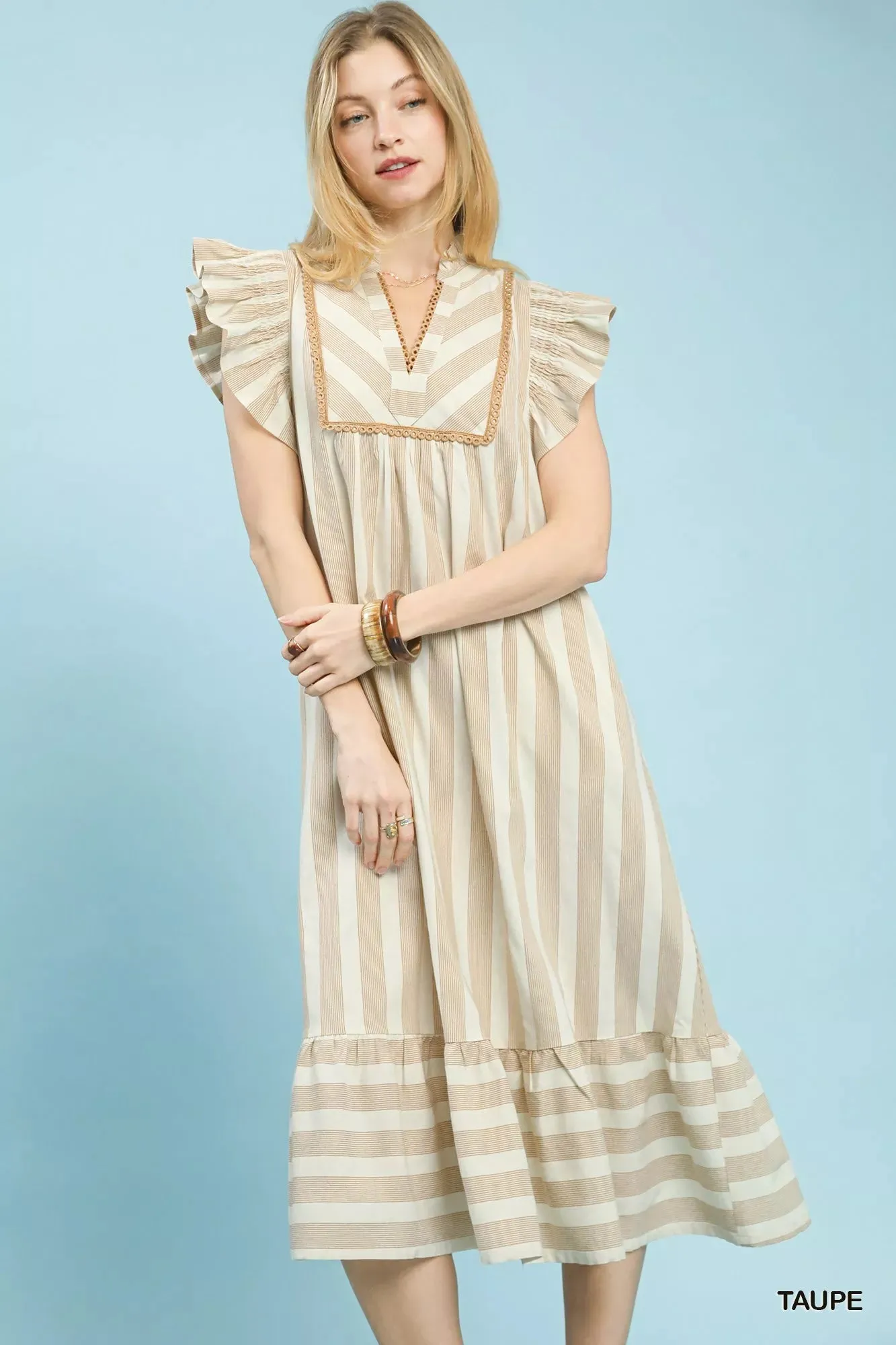 Umgee Stripe Ruffle Sleeve Tiered Midi Dress sold by Charming Charlie