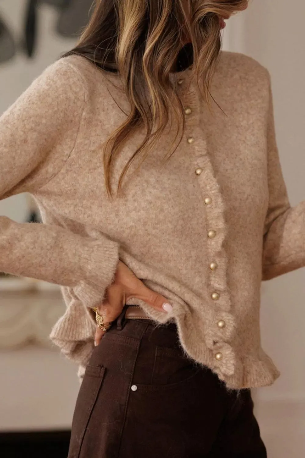 Ruffled Trim Button-Down Cardigan sold by Charming Charlie product image thumbnail 2